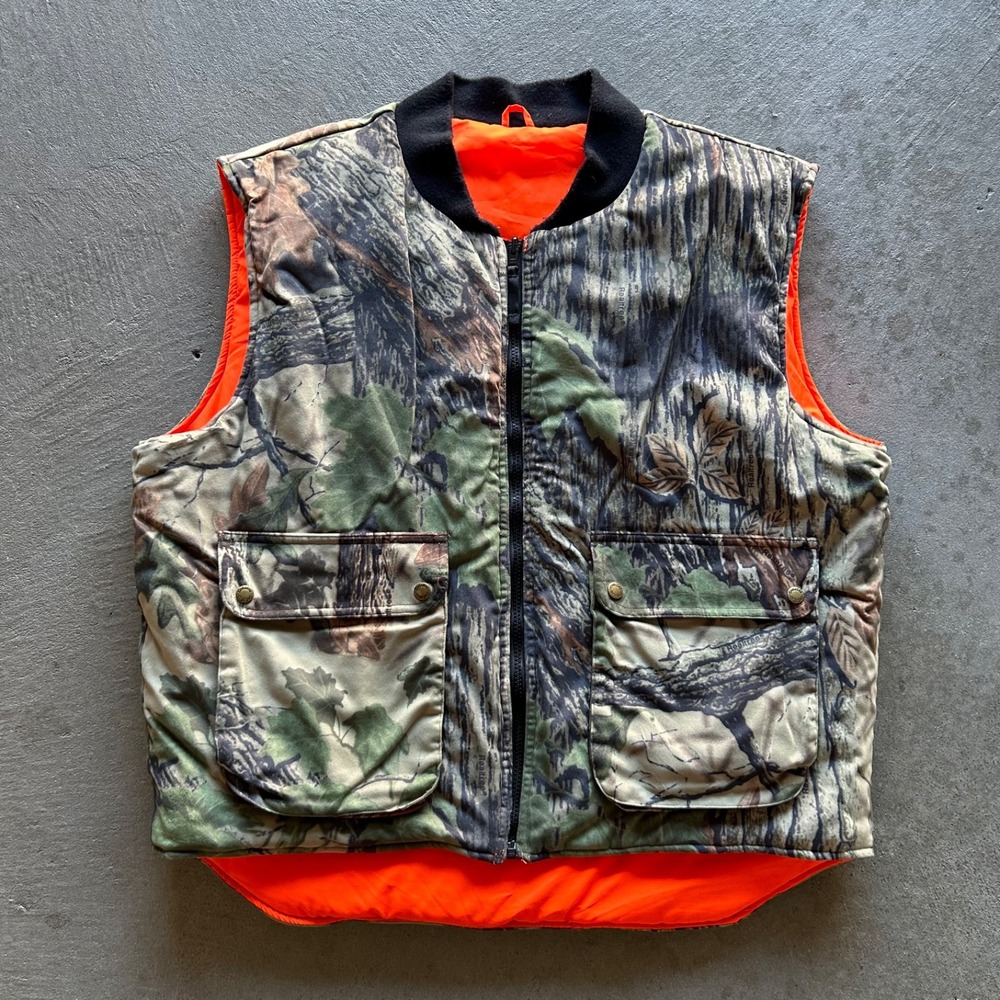 Vintage 90s Cabelas Reversible Camo Vest Size XL Brown Orange Real Tree Jacket
